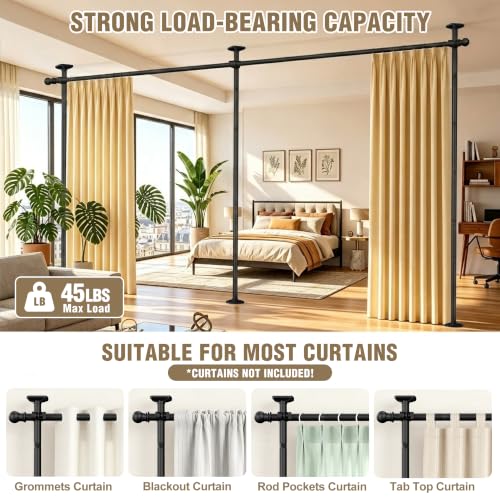 Black Extra Long Room Divider Curtain Rod No Drilling Adjustable 235in