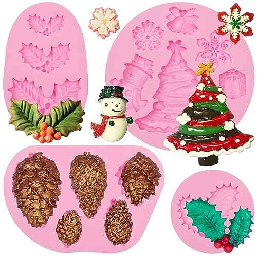 Holly Leaf Silicone Molds, 4 Packs Christmas Pine Cones Berry Tree Fondant Molds for Christmas Cake Decoration Cupcake Topper Soap Candy Chocolate Sugar Clay