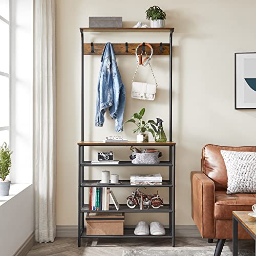 VASAGLE 31.5W Hall Tree with Shoe Bench, 5-Tier Shoe Rack & Dual Hooks, Rustic Brown & Black