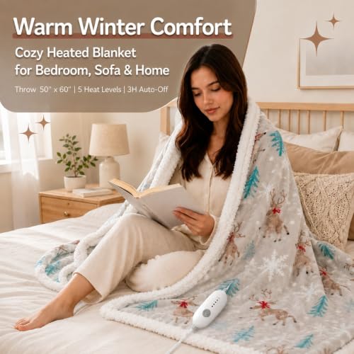 TICOO Christmas Reindeer Electric Heated Blanket Throw 50x60 with 5 Settings