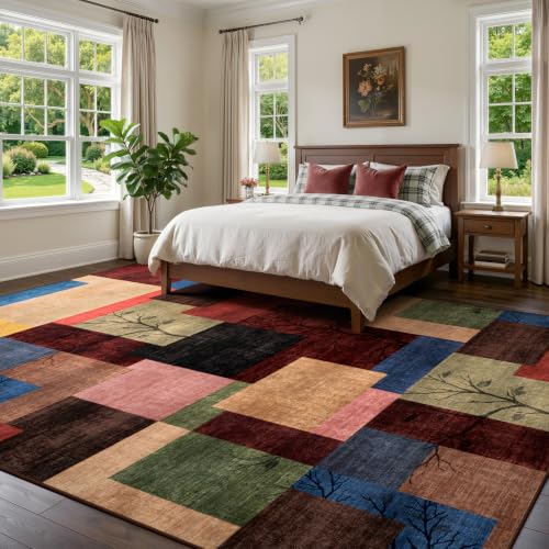 8' x 10' Colorful Geometric Area Rug - Non-Slip Modern Patchwork Carpet