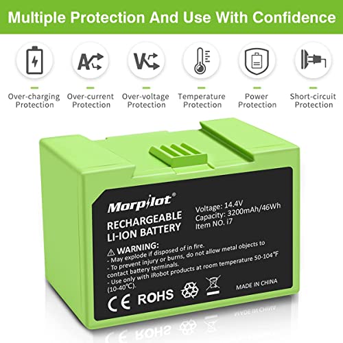 Morpilot 14.4V 3200mAh Green Battery Replacement for iRobot Roomba i7+i7+ i8 i6 i4 i3+ E Series