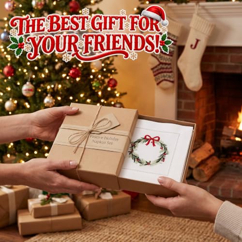 Moukeren 6 Pack Linen Christmas Cocktail Napkins with Hemstitch - Xmas Wreath Design