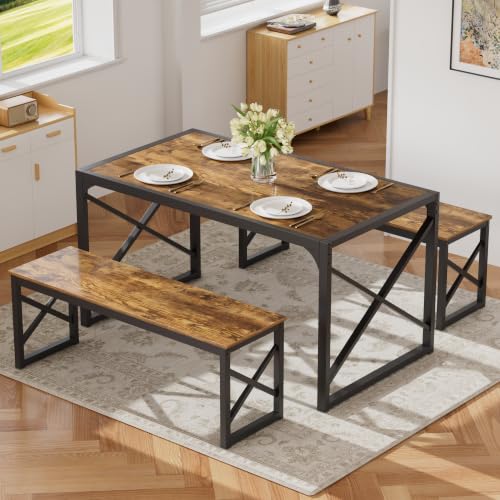 55-Inch Kitchen Dining Table Set for 4 with Steel Frame & Wood Grain Finish