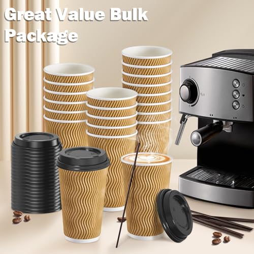 16 oz Disposable Coffee Cups with Lids & Straws - Champagne Pack of 90