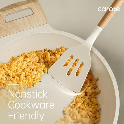 Kitchen Utensils Set with Wooden Handles - 10 Pieces Cream Food-Grade Silicone