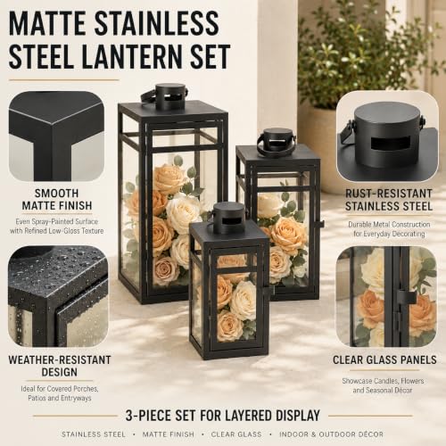 Black Stainless Steel Lanterns Set of 3 Outdoor & Indoor Candle Holders - Farmhouse Decor