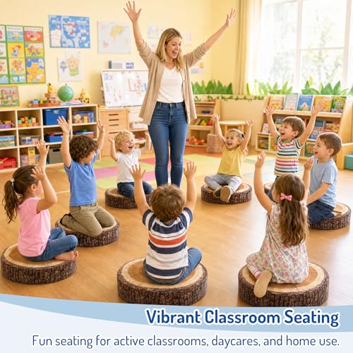 Tree Stump Floor Cushions for Kids 6 Pack - Natural Wood Set, 15 Inch Classroom Seating