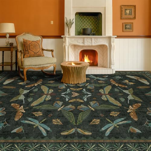 6' x 8' Dark Green Washable Area Rug with Non-Slip Backing - Vintage Floral Floor Carpet