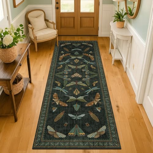 2' x 6' Dark Green Washable Runner Rug for Hallway and Kitchen, Non Slip Floral Indoor Floor Mat
