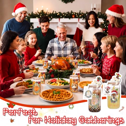 Vesici 6-Set Vintage Can Shaped 16 oz Christmas Glasses with Lids, Straws, Bow & Cards – Retro Gift Pack