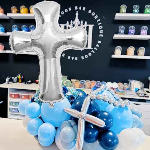 5Pcs Silver Cross Balloon Jumbo Baptism/First Communion Baptism Party Decor For Boys&Girls/Shiny Heart/Birthday Wedding Christmas Communion Christening Religious Balloon