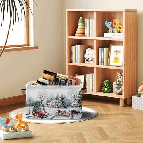 Christmas Tree Red Truck Basket - Merry Christmas Storage Bin Collapsible - Xmas Winter Snowman Snowflake Golden Retriever Dog Basket - Xmas Large Baskets for Kids Clothes, Gifts, Books, Toys