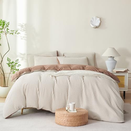 Dark Brown Striped Queen Comforter Set 3 Pieces Microfiber Bedding