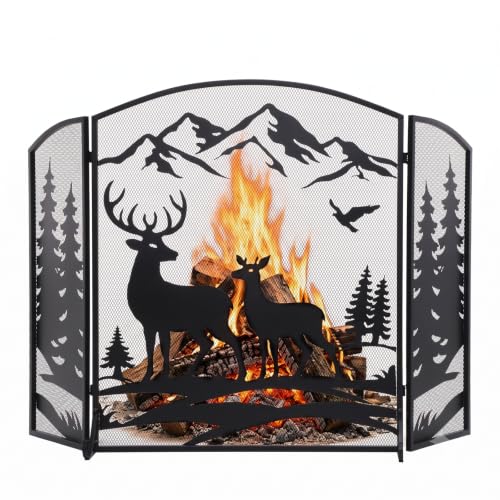 BEAMNOVA Fireplace Screen Black 50 x 32 in Deer Trees Pattern, 3-Panel