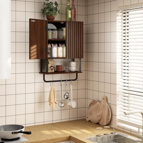 Rustic Wall Mounted Bathroom Cabinet - 2 Doors, 3-Tier Storage, Small Dark Walnut