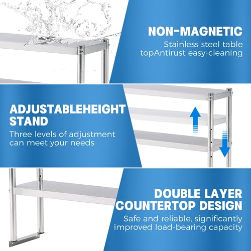 KUARBARR 12x48 Inch Stainless Steel OverShelf for Kitchen Prep Tables - Adjustable 2-Tier Commercial Steel Storage Rack
