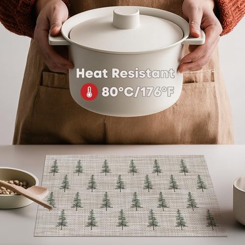 Green Xmas Tree Vinyl Placemats Set of 6 12x18 Inch Waterproof Non-Slip Holiday Table Mats