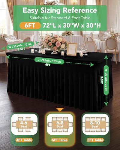 6 Ft Black Spandex Table Cover Skirt Set - 4 Pack, Floor-Length Ruffle, Rectangular
