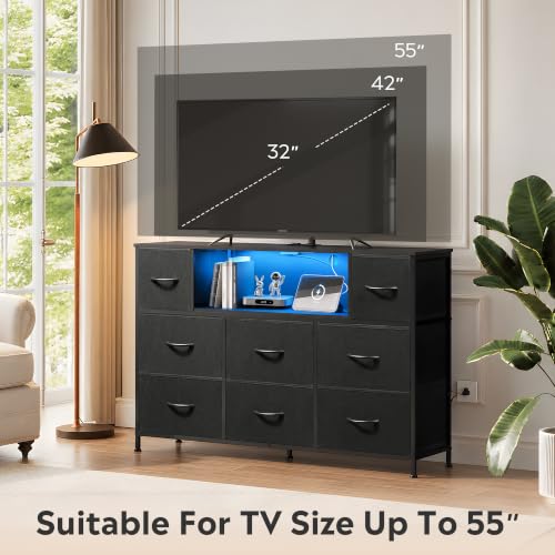 Black LED TV Stand for 55 Inch TVs with 8 Drawers & RGB Ambient Lighting