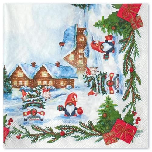 WRAPAHOLIC 25-Pack Christmas Paper Napkins with Gnome & Snow House Design, 6.5 x 6.5 Inch, 2-Ply - Red Gingerbread House Variant