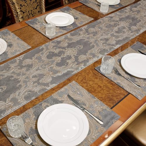 Loom and Mill Luxury Damask Placemats Set of 4 - Gray/Beige Pattern, Double Layer