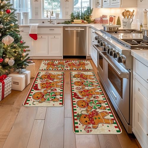 Artoid Mode Gingerbread Candy Cane Kitchen Mats Set of 3, 17x29/17x36/17x47 Beige