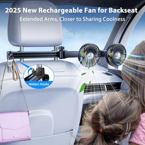 Nauttxon Rechargeable Car Fan for Backseat Kids - Yellow, 4.7-10.8" Retractable Long Arm, 3-Speed & 360° Adjustable