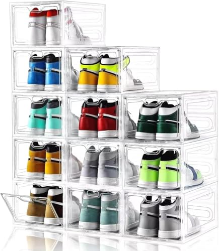 Large Clear Shoe Storage Box Set - 12 Pack, Stackable Shoe Organizer with Magnetic Door, Fits US Size 12, Display & Storage