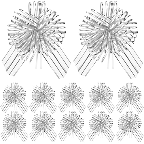 12 Pieces Large Pull Bow for Gift Wrapping Ribbon Pull Bows for Presents Wedding Baskets for Wrapping Boxes Flower Decorations(8 Inch,Silver)