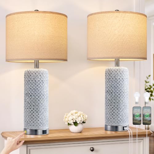 Antique Blue Farmhouse Table Lamps Set of 2 with USB A+C & 3-Way Touch Dimming