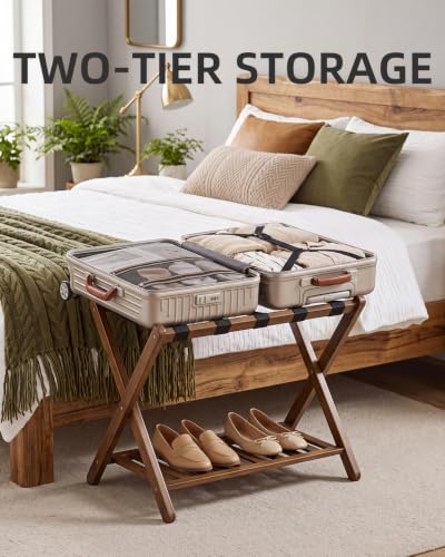 Foldable Bamboo Luggage Rack Set - Walnut Finish with Storage Shelf