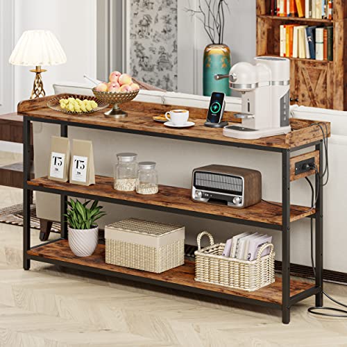 IRONCK Rustic Brown 55-Inch Console Table with Power Outlet & USB Charging Station