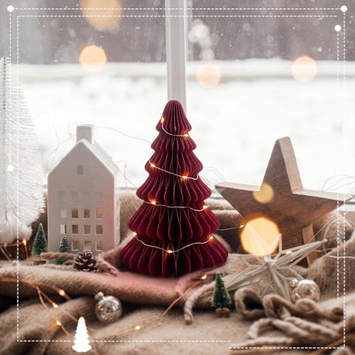 Fullhawl 10 Pcs Honeycomb Paper Christmas Tree Set Burgundy 4/6/7/10 Inch