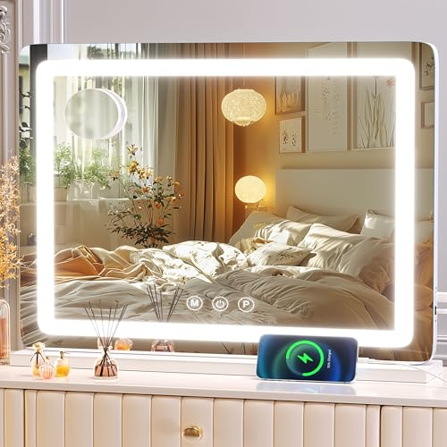Round White LED Makeup Vanity Mirror with USB Charging & 10X Magnification - 24x19 Inch
