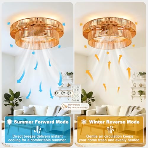 Natural Brown 20 Inch Boho Ceiling Fan with Light and Remote - Reversible 6-Speed Indoor Fandelier
