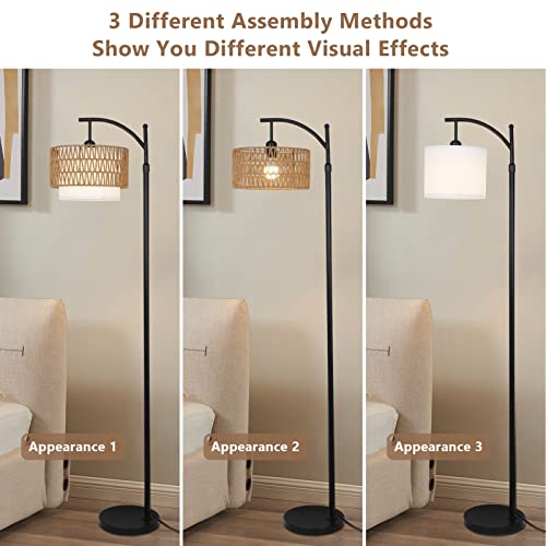 Rustic Arc Floor Lamp for Living Room & Bedroom with 3 Color Temperatures - Dimmable Boho Standing Lamp with Remote & Rattan Shade