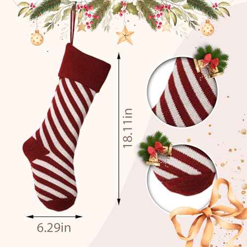 Christmas Stockings Hanging Ornaments Xmas Knitted Socks for Fireplace, Winter Red Stripes Hanging Stocking for Home Christmas Decorations Gifts