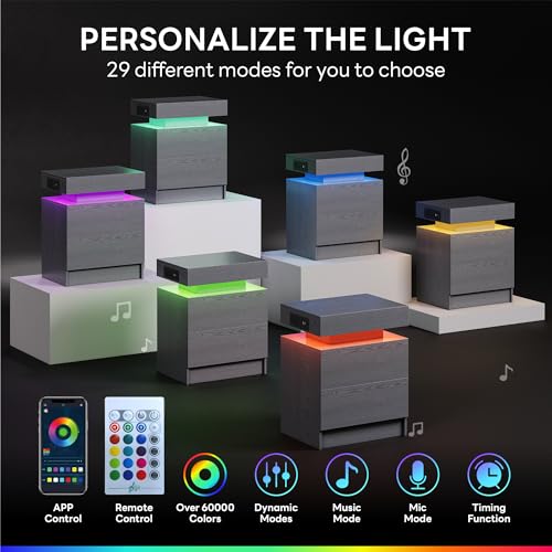 Nightstand with Charging Station & LED Light - Grey, 2 Drawers, Modern Compact