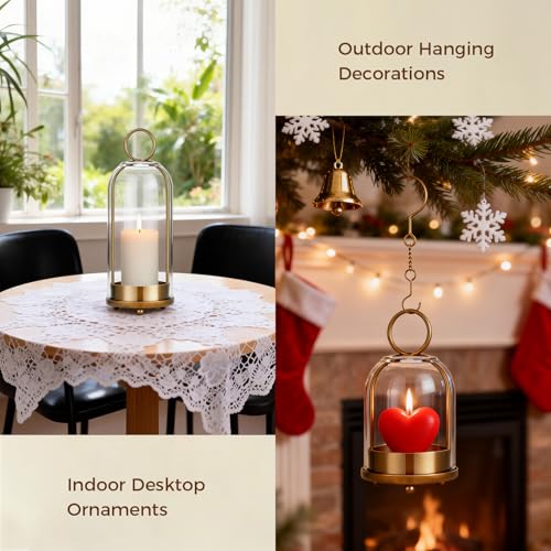 Havmorph Gold 5&4 Hurricane Glass Candle Holders, Hanging Brass Set