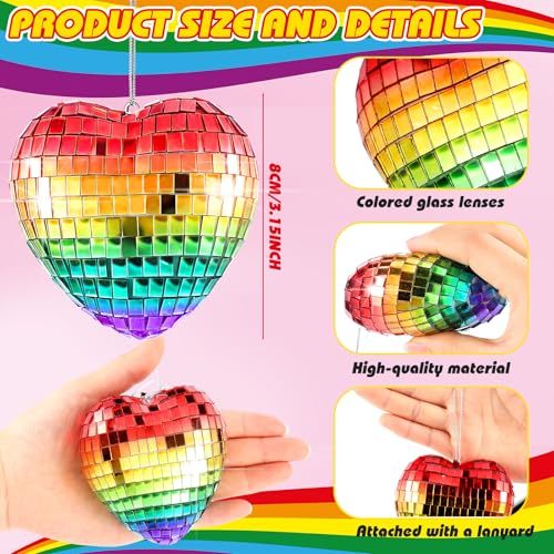 Vercraft 24 pcs Rainbow Heart Pride Disco Christmas Ornaments with Lanyards - Gay Pride Decorations