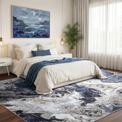 Blue Coastal Area Rug 8x10 Washable Non-Slip Living Room Carpet - Modern Abstract Design