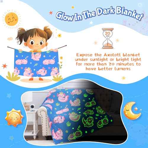 Axolotl Glow in The Dark Throw Blanket - 60"x50" Soft Glowing Kids Blanket for 3-10 Year Old Boys Girls, Gift for Birthday Christmas