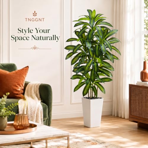 Dark Green Artificial Dracaena Tree 5FT Faux Plant with White Pot - Realistic Indoor Decor