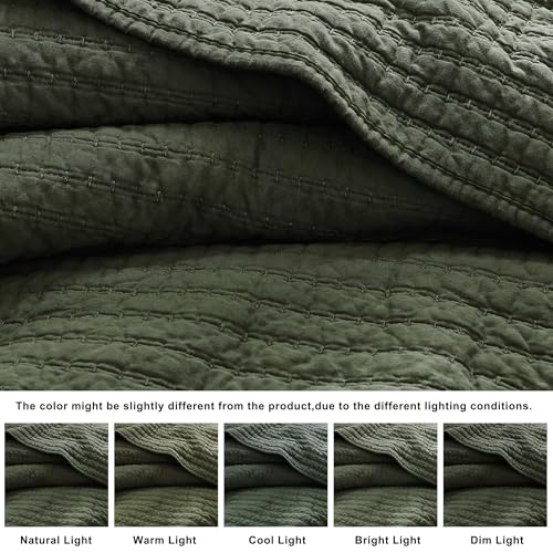WDCOZY Olive Green King Size Cotton Quilt Set with Channel Pick Stitch - 106x96