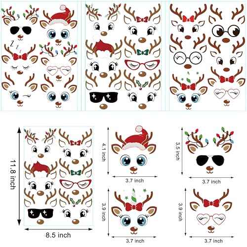 18 PCS Christmas Reindeer Face Stickers for Ornaments, Vinyl Decals DIY Craft Art Stickers for Christmas Ball/Water Bottles/Wine Glass, for Home Window Sticker Party Decorations