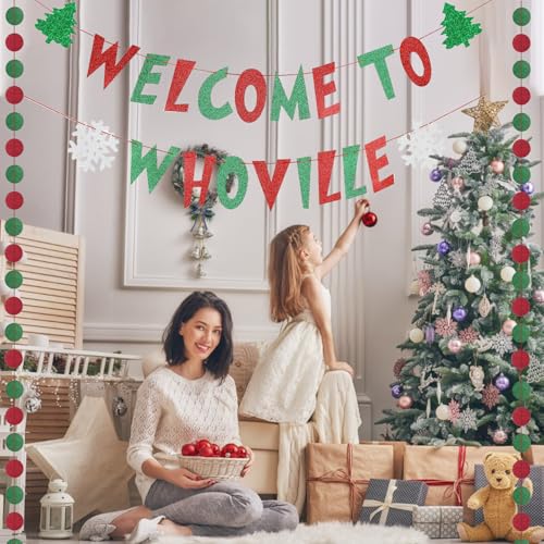 Pre-Strung Welcome To Whoville Banner Christmas Decorations,Cute Banner Sign with 2Pcs Red and Green Hanging Streamers for Christmas Party Decorations Xmas Fireplace Mantle Home Indoor Party Decor