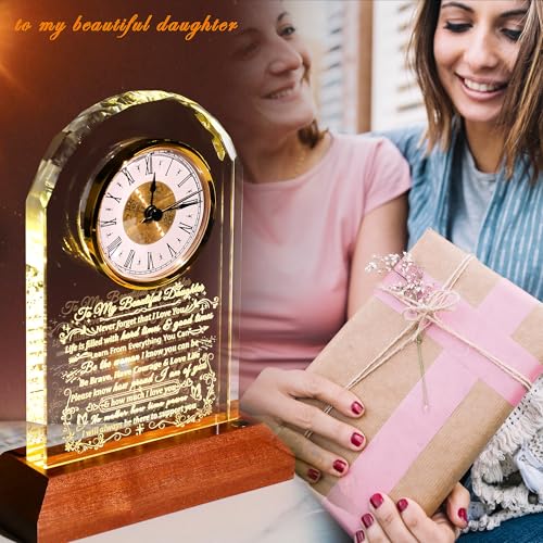 Daughter Gift Glass Clock with Wooden Base - From Mom & Dad, Warm Light, Engraved - Variation: Daughter Gifts