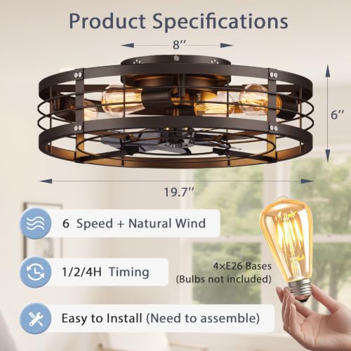 20-Inch Black Caged Ceiling Fan with Light and Remote - Farmhouse Low Profile