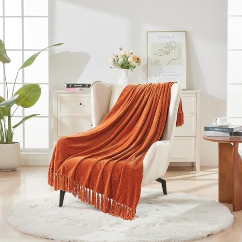Chenille Throw Blanket 50x60 Inches - Rust Orange Fringe Accent